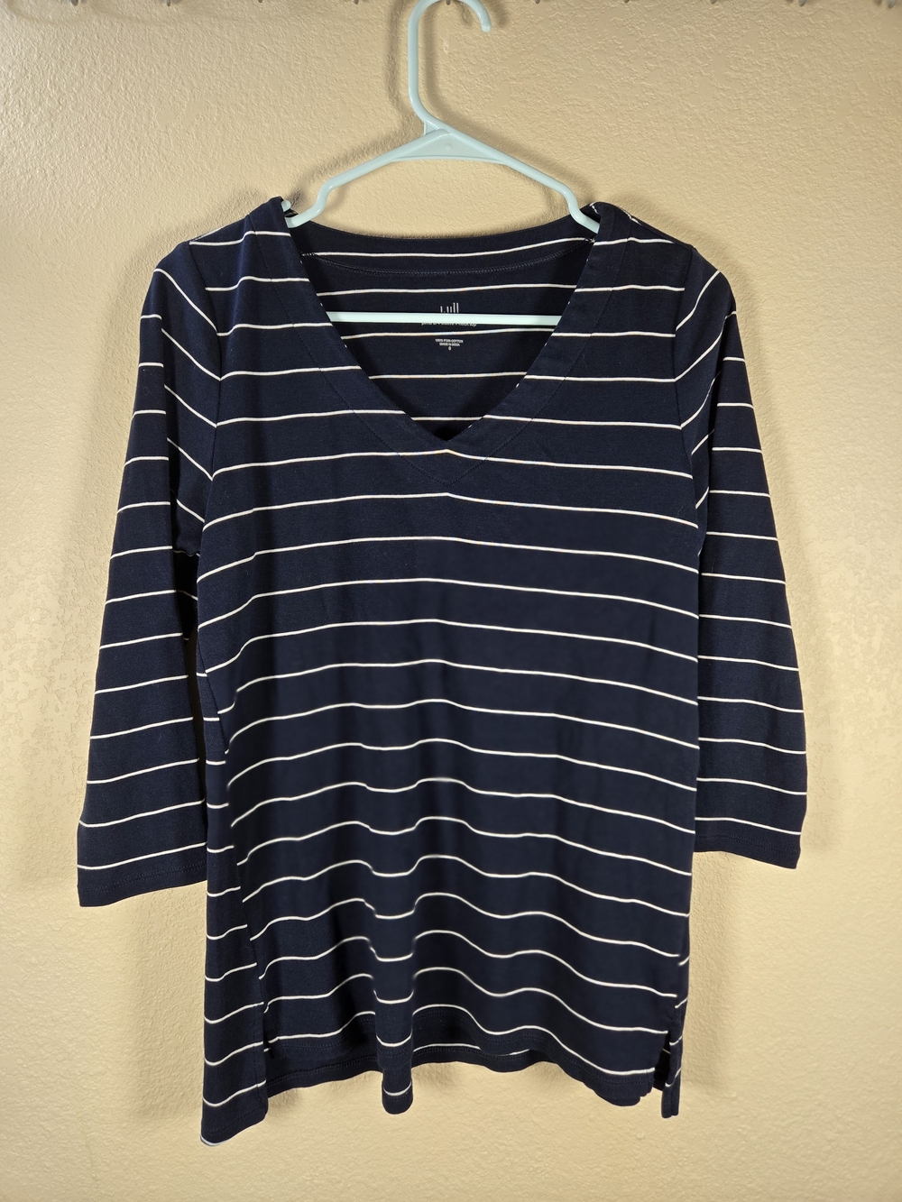 J.Jill 3/4 Sleeve Pima Cotton Navy & White Striped V-Neck Top